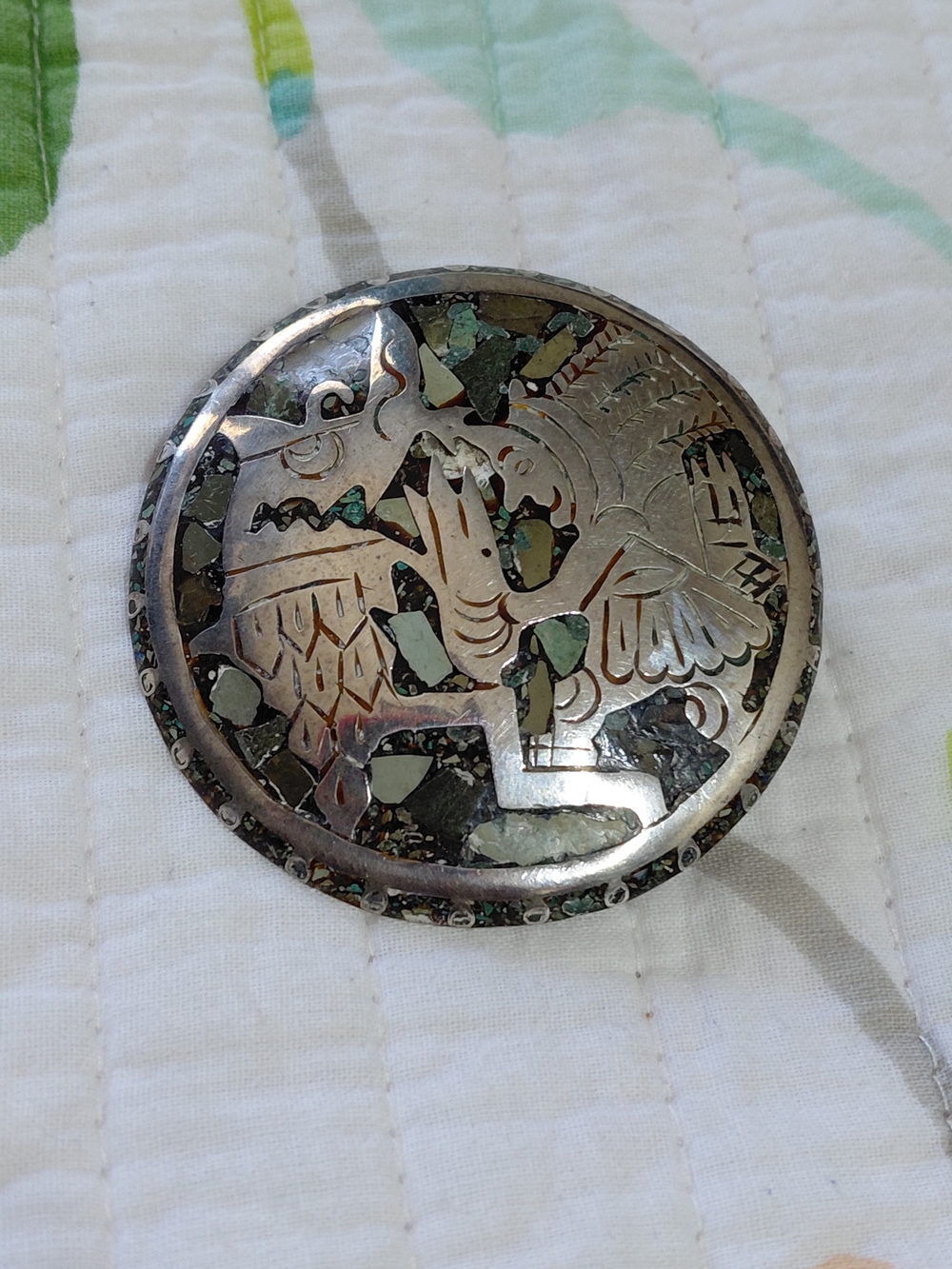 Vintage Sterling Signed 925 ETC Hecho en Mexico Aztec Multi Stone Round Pendant